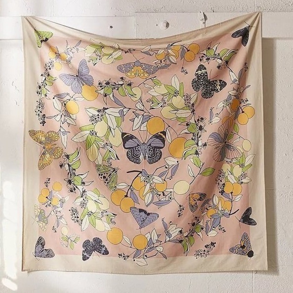 Urban Outfitters Botanical Citrus Butterfly Drawing Tapestry Print Cotton Square